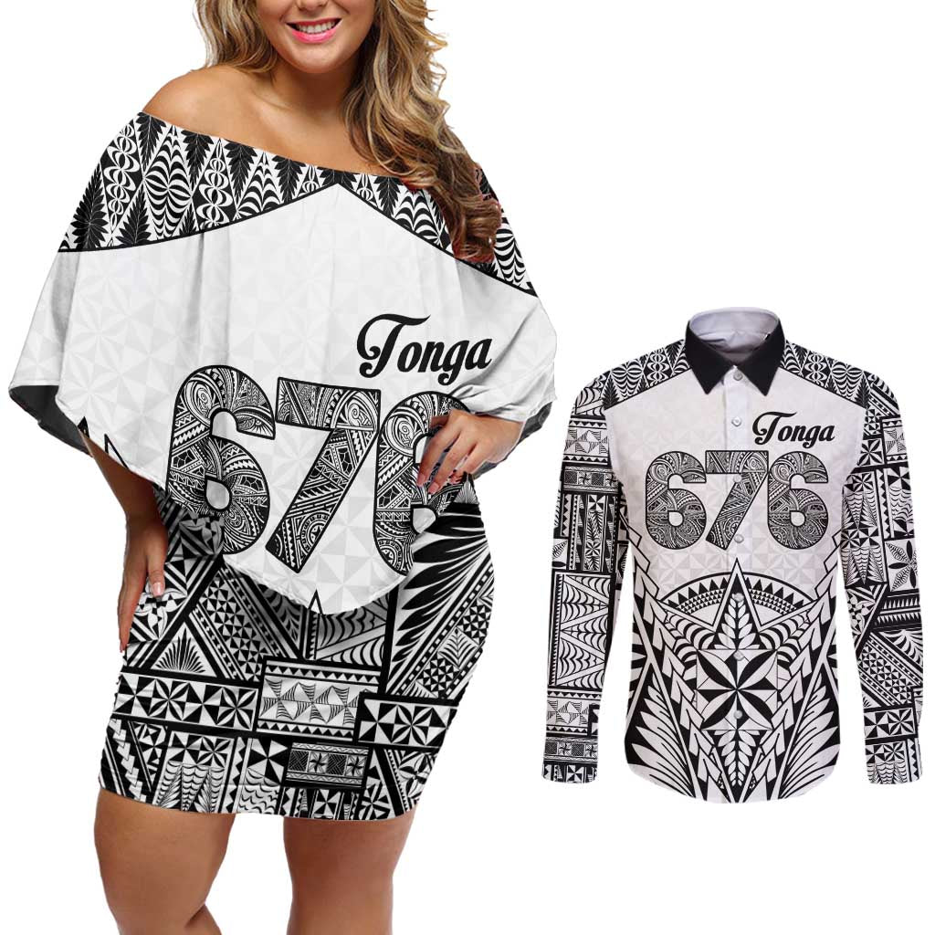 Personalised Tonga 676 Couples Matching Off Shoulder Short Dress and Long Sleeve Button Shirt Tribal Kupesi Ngatu Unique