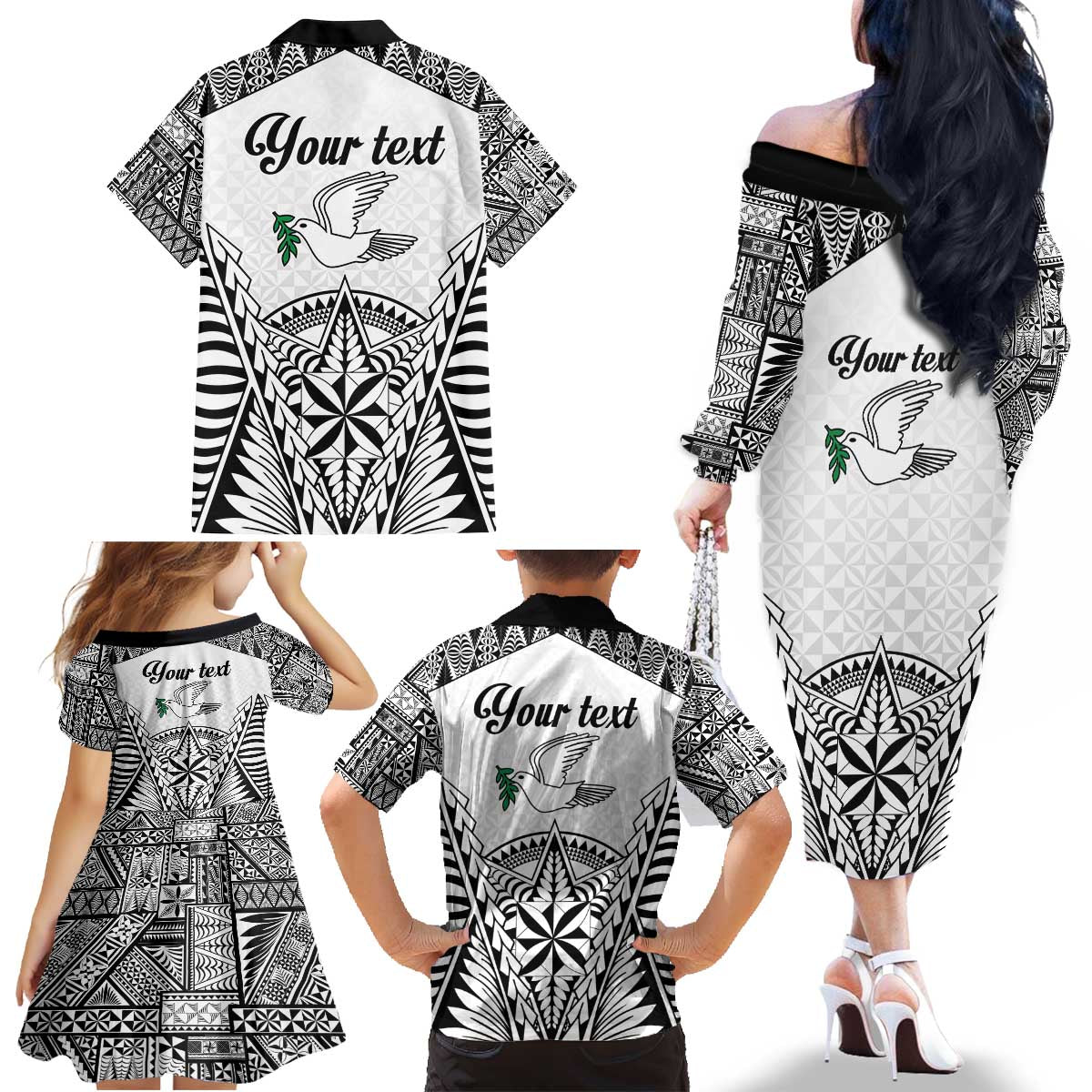 Personalised Tonga 676 Family Matching Off The Shoulder Long Sleeve Dress and Hawaiian Shirt Tribal Kupesi Ngatu Unique