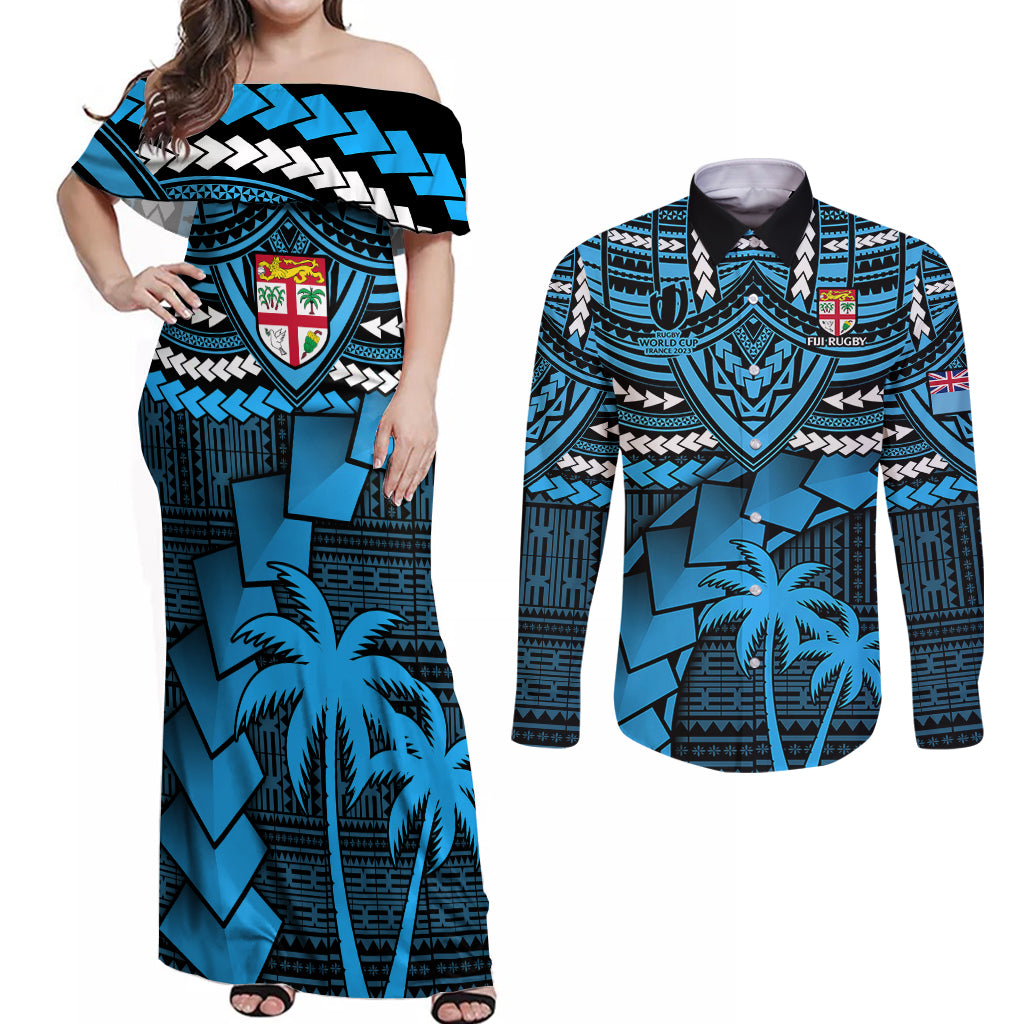Fiji Rugby Couples Matching Off Shoulder Maxi Dress and Long Sleeve Button Shirts Go Fijian Tapa Arty with World Cup Vibe LT9 Blue - Polynesian Pride