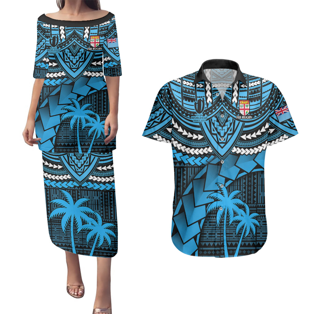 Fiji Rugby Couples Matching Puletasi Dress and Hawaiian Shirt Go Fijian Tapa Arty with World Cup Vibe LT9 Blue - Polynesian Pride