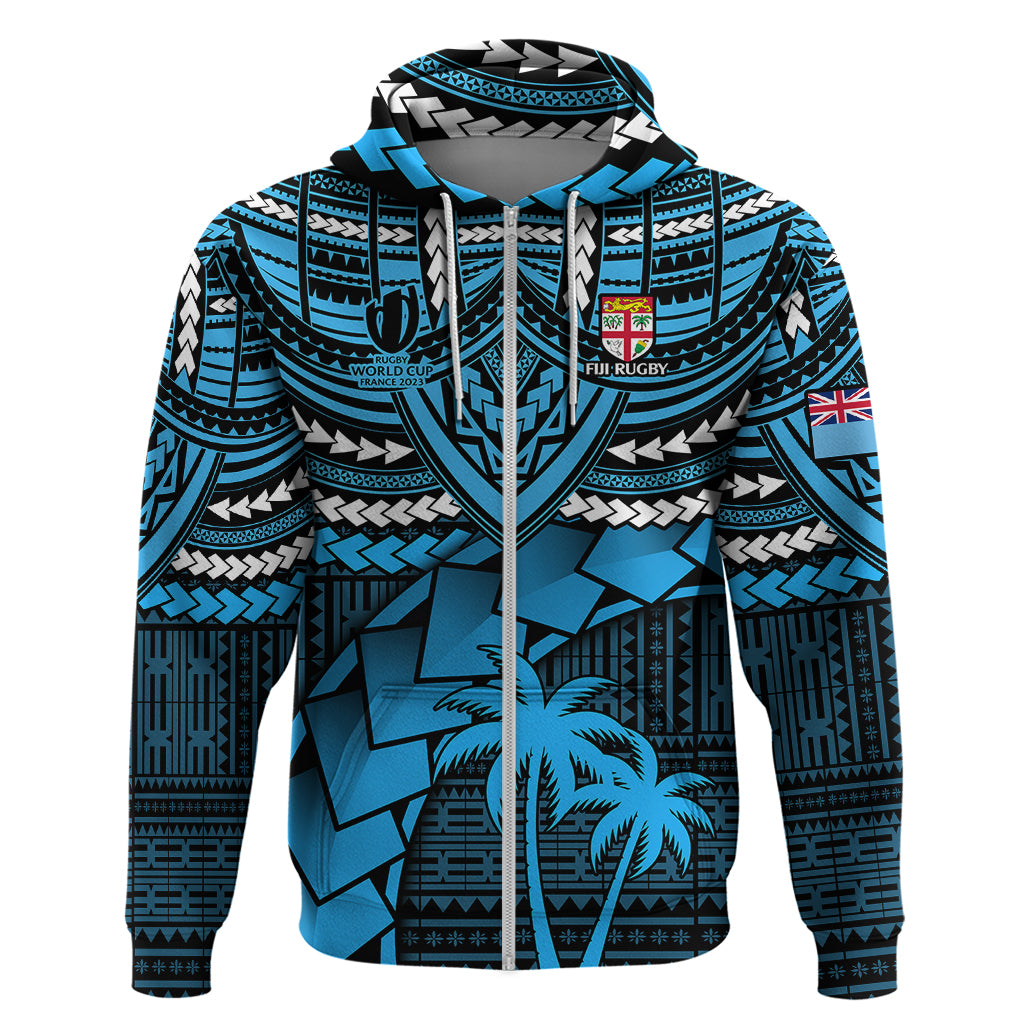 Fiji Rugby Hoodie Go Fijian Tapa Arty with World Cup Vibe LT9 Zip Hoodie Blue - Polynesian Pride