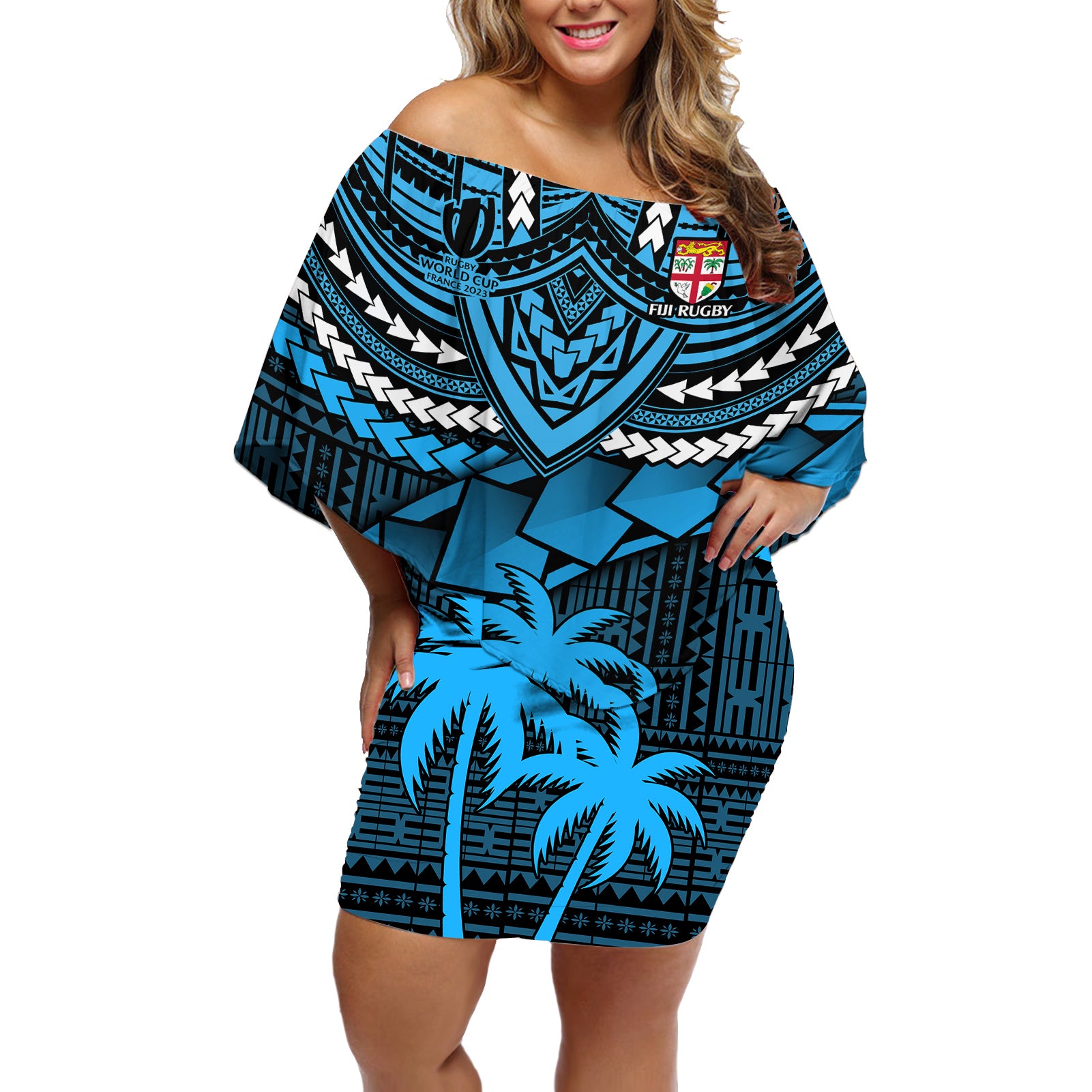 Fiji Rugby Off Shoulder Short Dress Go Fijian Tapa Arty with World Cup Vibe LT9 Women Blue - Polynesian Pride