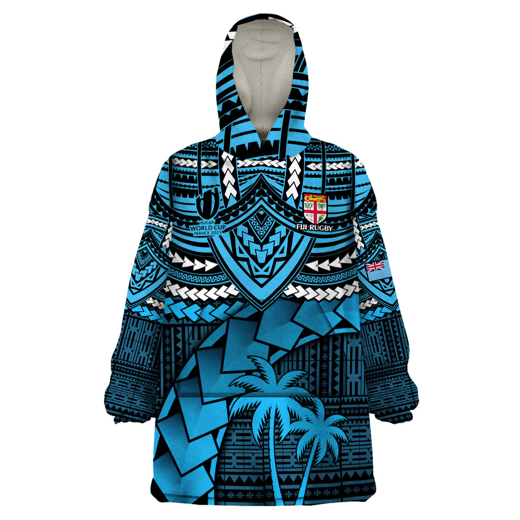 Fiji Rugby Wearable Blanket Hoodie Go Fijian Tapa Arty with World Cup Vibe LT9 One Size Blue - Polynesian Pride