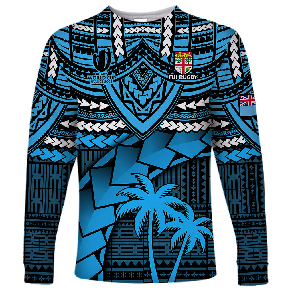 Custom Fiji Rugby Long Sleeve Shirt Go Fijian Tapa Arty with World Cup Vibe LT9 Unisex Blue - Polynesian Pride