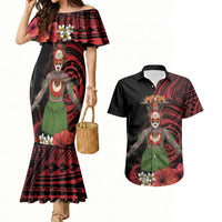 Huli Wigmen Tribe Hela Province Couples Matching Mermaid Dress and Hawaiian Shirt Papua New Guinea Indigenous Pattern LT9 Black - Polynesian Pride