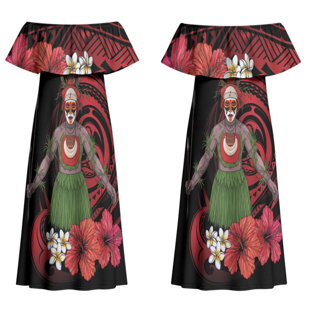 Huli Wigmen Tribe Hela Province Couples Matching Off Shoulder Maxi Dress and Long Sleeve Button Shirt Papua New Guinea Indigenous Pattern LT9 - Polynesian Pride