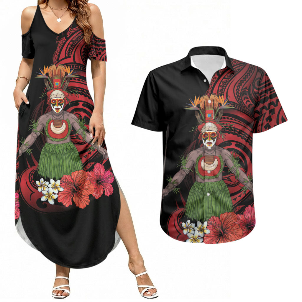 Huli Wigmen Tribe Hela Province Couples Matching Summer Maxi Dress and Hawaiian Shirt Papua New Guinea Indigenous Pattern LT9 Black - Polynesian Pride
