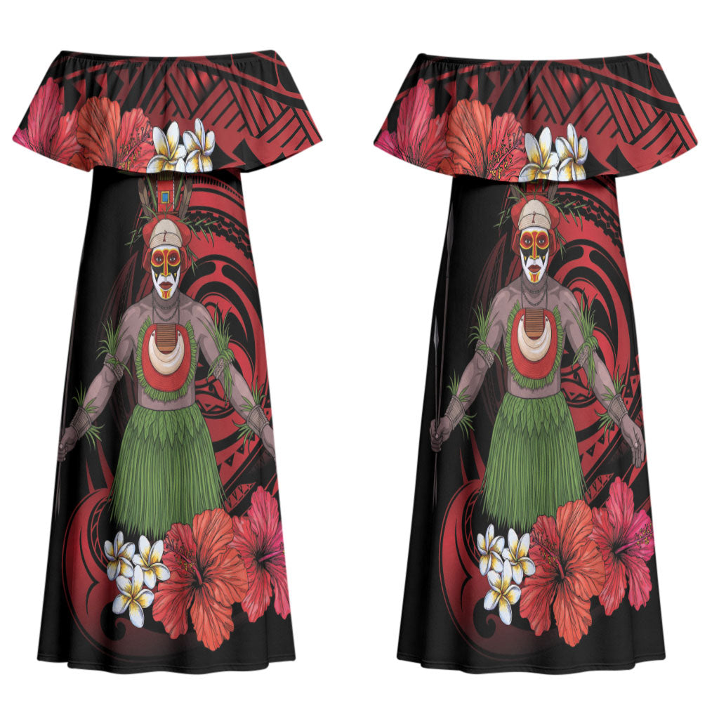 Huli Wigmen Tribe Hela Province Family Matching Off Shoulder Maxi Dress and Hawaiian Shirt Papua New Guinea Indigenous Pattern LT9 Mom's Dress Black - Polynesian Pride