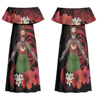 Huli Wigmen Tribe Hela Province Family Matching Off Shoulder Maxi Dress and Hawaiian Shirt Papua New Guinea Indigenous Pattern LT9 Mom's Dress Black - Polynesian Pride