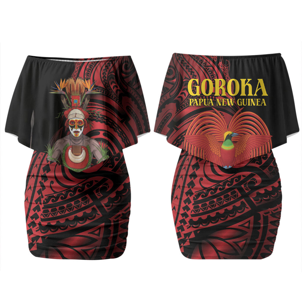Huli Wigmen Tribe Hela Province Family Matching Off Shoulder Short Dress and Hawaiian Shirt Papua New Guinea Indigenous Pattern LT9 Mom's Dress Black - Polynesian Pride