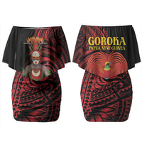 Huli Wigmen Tribe Hela Province Family Matching Off Shoulder Short Dress and Hawaiian Shirt Papua New Guinea Indigenous Pattern LT9 Mom's Dress Black - Polynesian Pride