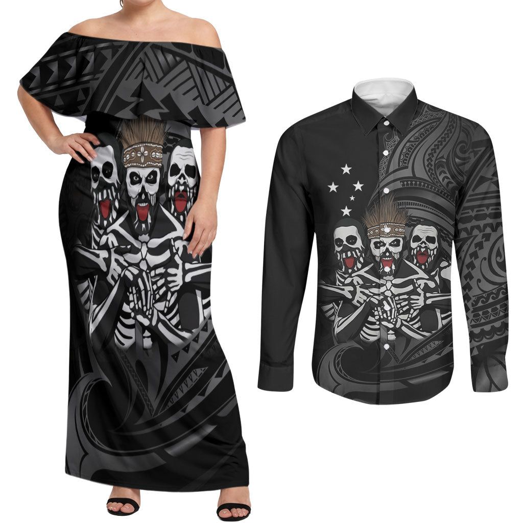 Skeleton Tribe Simbu Province Couples Matching Off Shoulder Maxi Dress and Long Sleeve Button Shirt Papua New Guinea Indigenous Pattern LT9 Black - Polynesian Pride