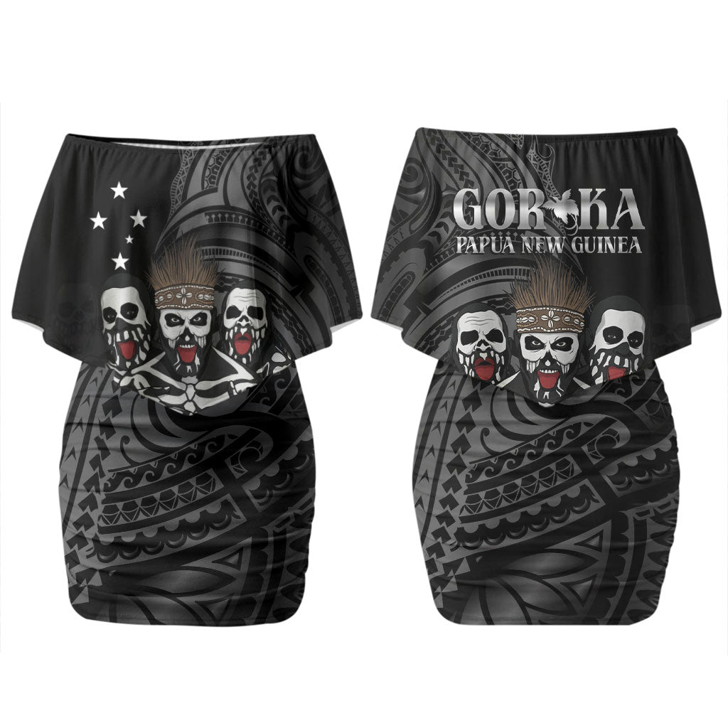 Skeleton Tribe Simbu Province Couples Matching Off Shoulder Short Dress and Long Sleeve Button Shirt Papua New Guinea Indigenous Pattern LT9 - Polynesian Pride
