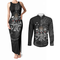Skeleton Tribe Simbu Province Couples Matching Tank Maxi Dress and Long Sleeve Button Shirt Papua New Guinea Indigenous Pattern LT9 Black - Polynesian Pride