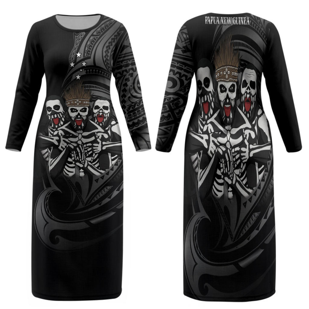 Skeleton Tribe Simbu Province Family Matching Long Sleeve Bodycon Dress and Hawaiian Shirt Papua New Guinea Indigenous Pattern LT9 Mom's Dress Black - Polynesian Pride