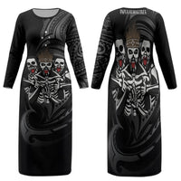 Skeleton Tribe Simbu Province Family Matching Long Sleeve Bodycon Dress and Hawaiian Shirt Papua New Guinea Indigenous Pattern LT9 Mom's Dress Black - Polynesian Pride