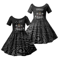 Skeleton Tribe Simbu Province Family Matching Long Sleeve Bodycon Dress and Hawaiian Shirt Papua New Guinea Indigenous Pattern LT9 Daughter's Dress Black - Polynesian Pride