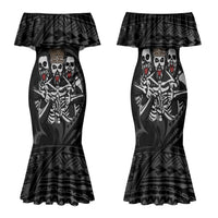Skeleton Tribe Simbu Province Family Matching Mermaid Dress and Hawaiian Shirt Papua New Guinea Indigenous Pattern LT9 Mom's Dress Black - Polynesian Pride
