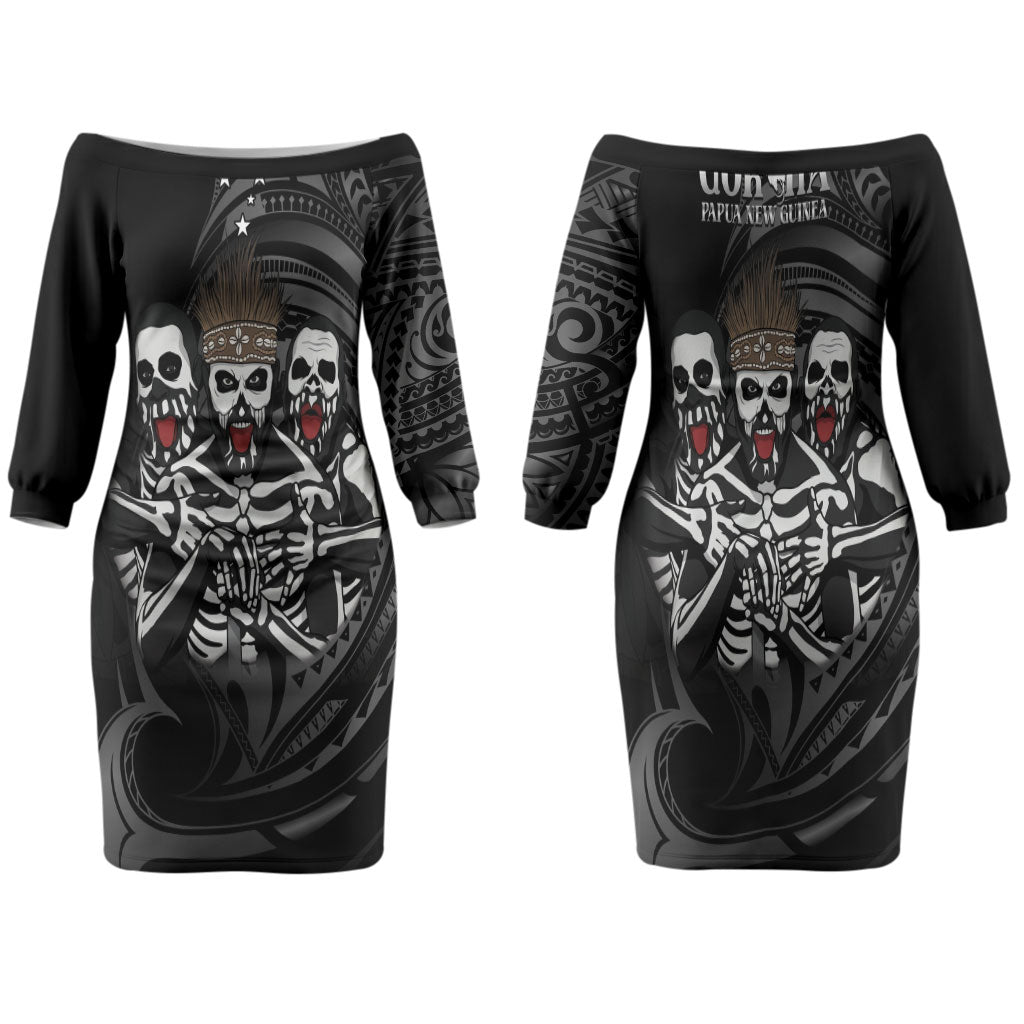 Skeleton Tribe Simbu Province Family Matching Off The Shoulder Long Sleeve Dress and Hawaiian Shirt Papua New Guinea Indigenous Pattern LT9 Mom's Dress Black - Polynesian Pride