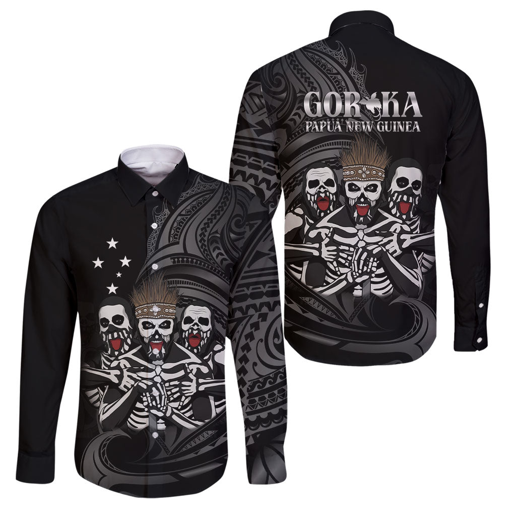 Skeleton Tribe Simbu Province Family Matching Off The Shoulder Long Sleeve Dress and Hawaiian Shirt Papua New Guinea Indigenous Pattern LT9 Dad's Shirt - Long Sleeve Black - Polynesian Pride