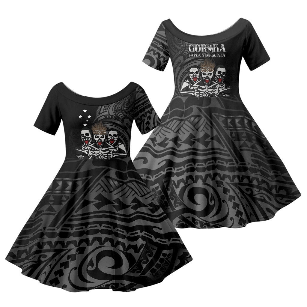 Skeleton Tribe Simbu Province Family Matching Off The Shoulder Long Sleeve Dress and Hawaiian Shirt Papua New Guinea Indigenous Pattern LT9 Daughter's Dress Black - Polynesian Pride