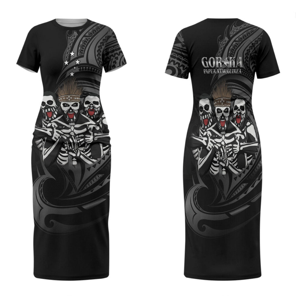 Skeleton Tribe Simbu Province Family Matching Short Sleeve Bodycon Dress and Hawaiian Shirt Papua New Guinea Indigenous Pattern LT9 Mom's Dress Black - Polynesian Pride