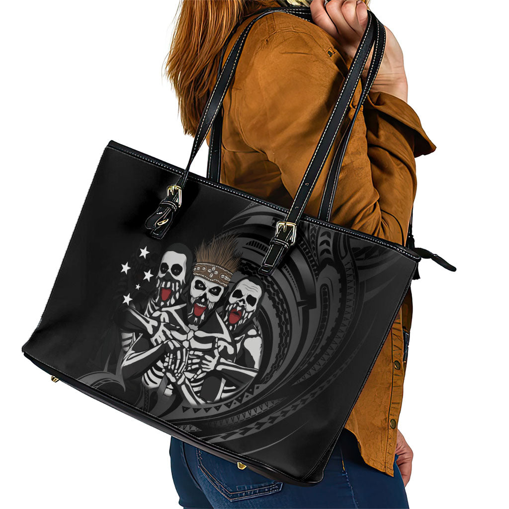 Skeleton Tribe Simbu Province Leather Tote Bag Papua New Guinea Indigenous Pattern LT9 - Polynesian Pride