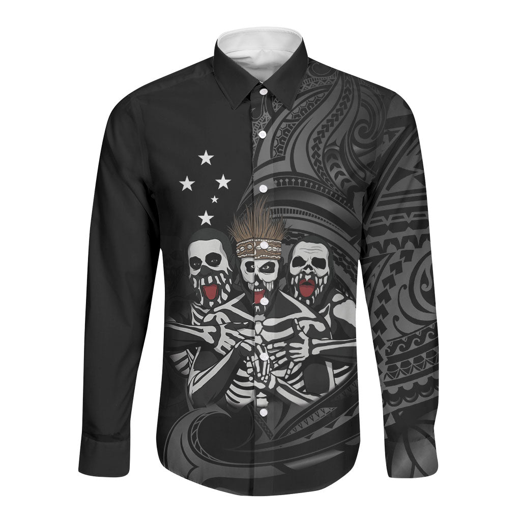 Skeleton Tribe Simbu Province Long Sleeve Button Shirt Papua New Guinea Indigenous Pattern LT9 Unisex Black - Polynesian Pride