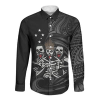 Skeleton Tribe Simbu Province Long Sleeve Button Shirt Papua New Guinea Indigenous Pattern LT9 Unisex Black - Polynesian Pride