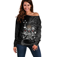 Skeleton Tribe Simbu Province Off Shoulder Sweater Papua New Guinea Indigenous Pattern LT9 Women Black - Polynesian Pride