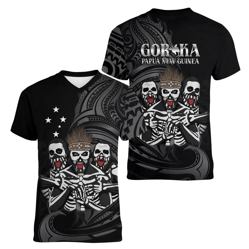 Skeleton Tribe Simbu Province Women V-Neck T-Shirt Papua New Guinea Indigenous Pattern LT9 - Polynesian Pride