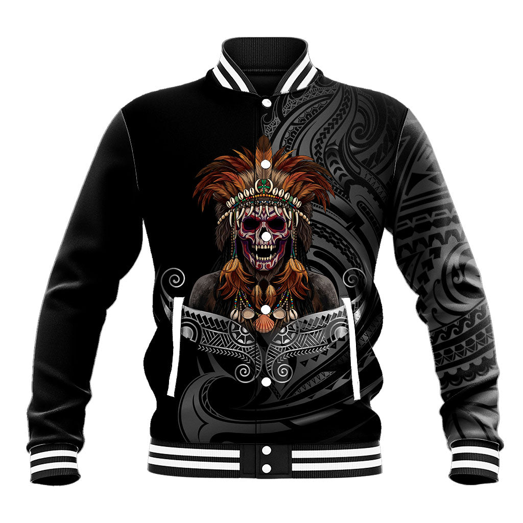 Mokomoko Tribe Eastern Highlands Province Baseball Jacket Papua New Guinea Indigenous Pattern LT9 Unisex Black - Polynesian Pride