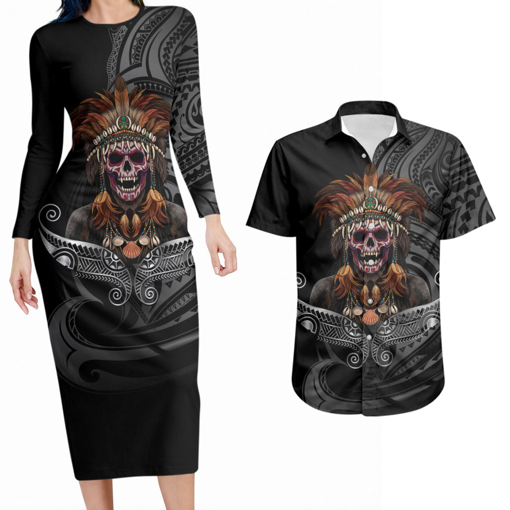 Mokomoko Tribe Eastern Highlands Province Couples Matching Long Sleeve Bodycon Dress and Hawaiian Shirt Papua New Guinea Indigenous Pattern LT9 Black - Polynesian Pride