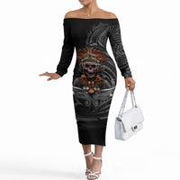 Mokomoko Tribe Eastern Highlands Province Off The Shoulder Long Sleeve Dress Papua New Guinea Indigenous Pattern LT9 Women Black - Polynesian Pride