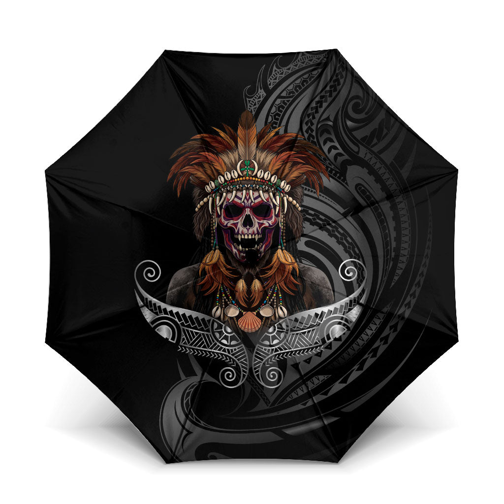 Mokomoko Tribe Eastern Highlands Province Umbrella Papua New Guinea Indigenous Pattern LT9 One Size Folded 11.42 inch Opened Diameter 37.4 inch Black - Polynesian Pride