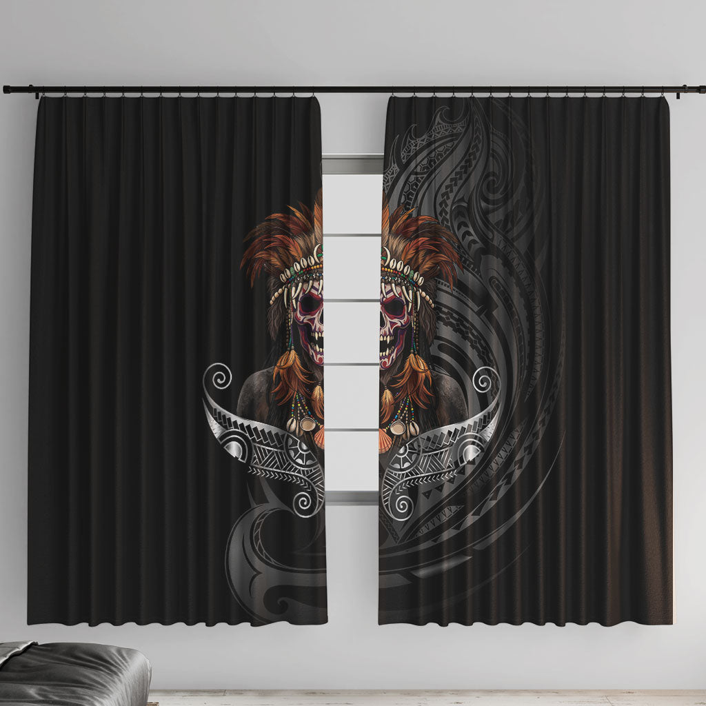 Mokomoko Tribe Eastern Highlands Province Window Curtain Papua New Guinea Indigenous Pattern LT9 With Hooks Black - Polynesian Pride