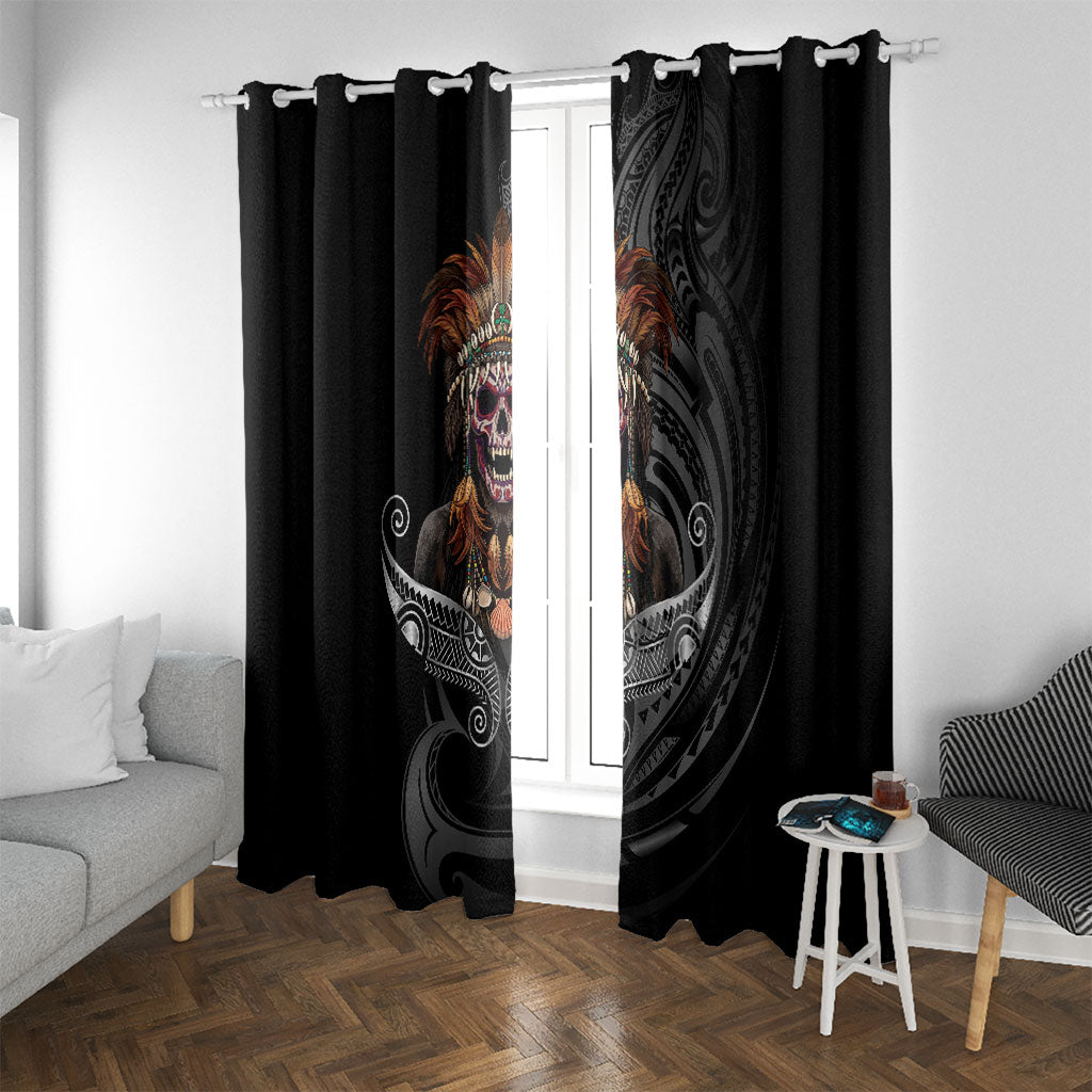 Mokomoko Tribe Eastern Highlands Province Window Curtain Papua New Guinea Indigenous Pattern LT9 With Grommets Black - Polynesian Pride