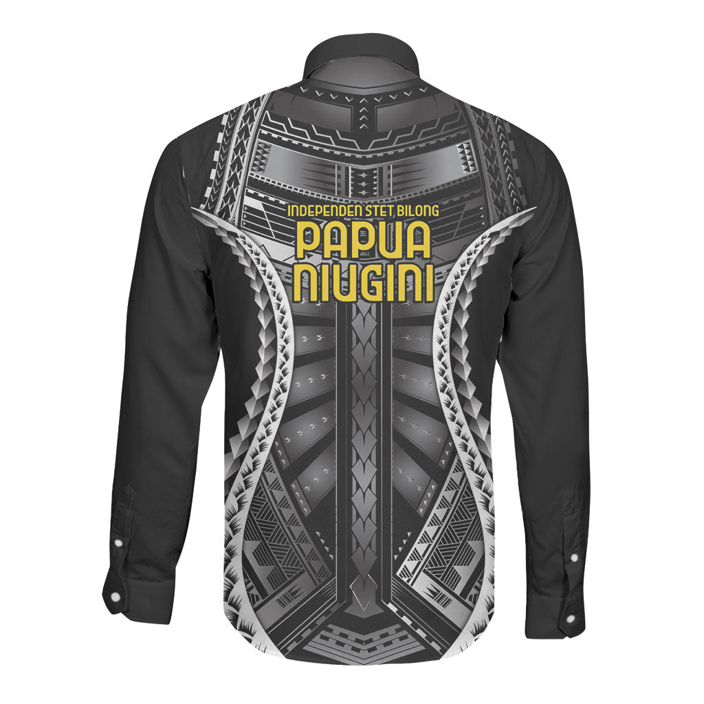 Independen Stet bilong Papua Niugini 1975 Long Sleeve Button Shirt Black Tribal Papua New Guinea Province Flag LT9 - Polynesian Pride
