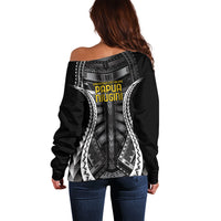 Independen Stet bilong Papua Niugini 1975 Off Shoulder Sweater Black Tribal Papua New Guinea Province Flag LT9 - Polynesian Pride