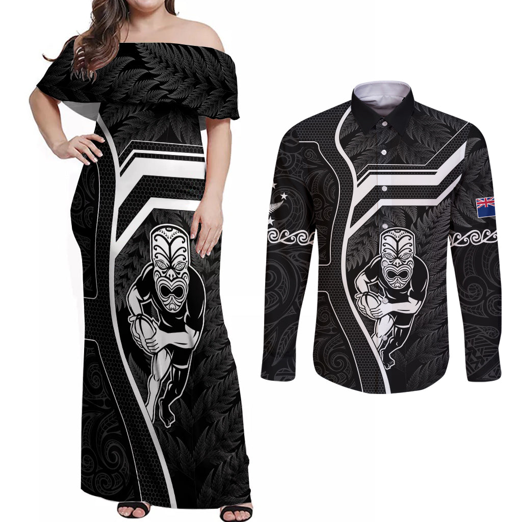 New Zealand Aotearoa Rugby Couples Matching Off Shoulder Maxi Dress and Long Sleeve Button Shirts Black Fern Maori Tribal Sporty Style LT9 Black - Polynesian Pride