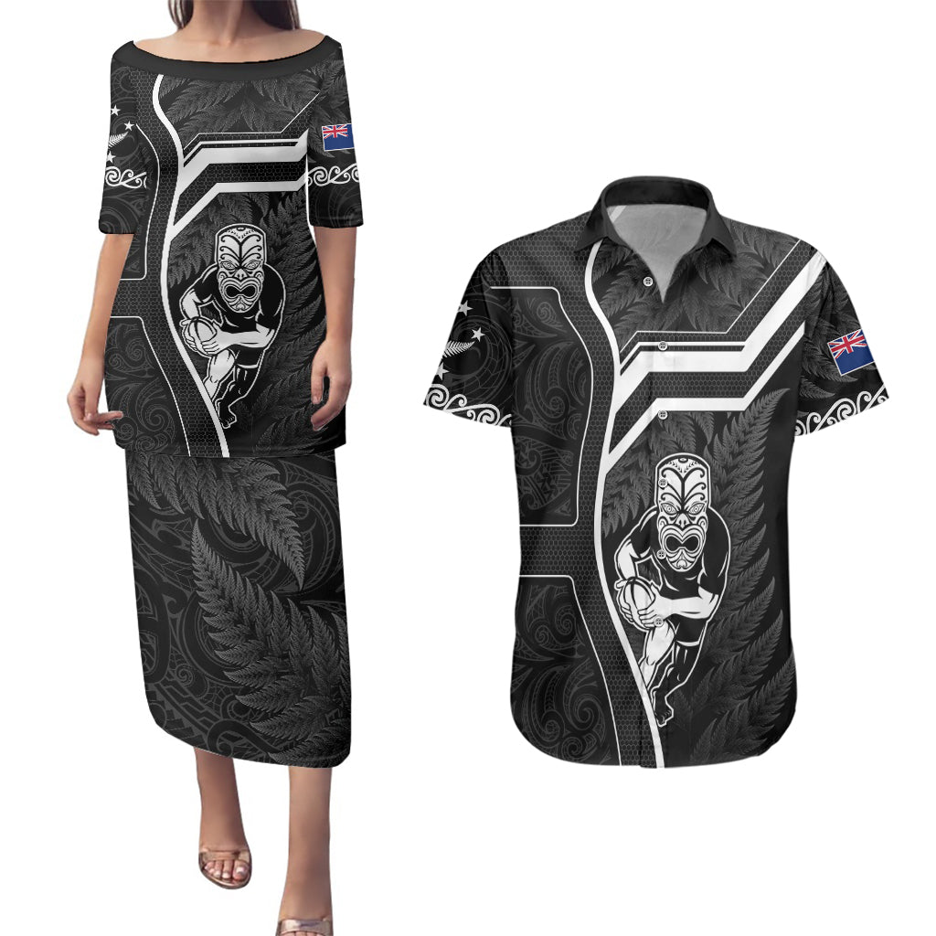 New Zealand Aotearoa Rugby Couples Matching Puletasi Dress and Hawaiian Shirt Black Fern Maori Tribal Sporty Style LT9 Black - Polynesian Pride