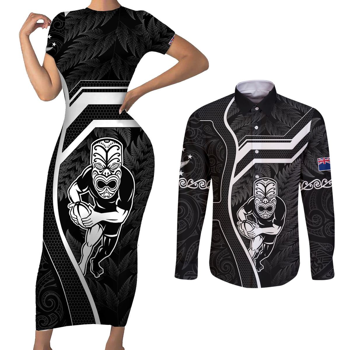 New Zealand Aotearoa Rugby Couples Matching Short Sleeve Bodycon Dress and Long Sleeve Button Shirts Black Fern Maori Tribal Sporty Style LT9 Black - Polynesian Pride