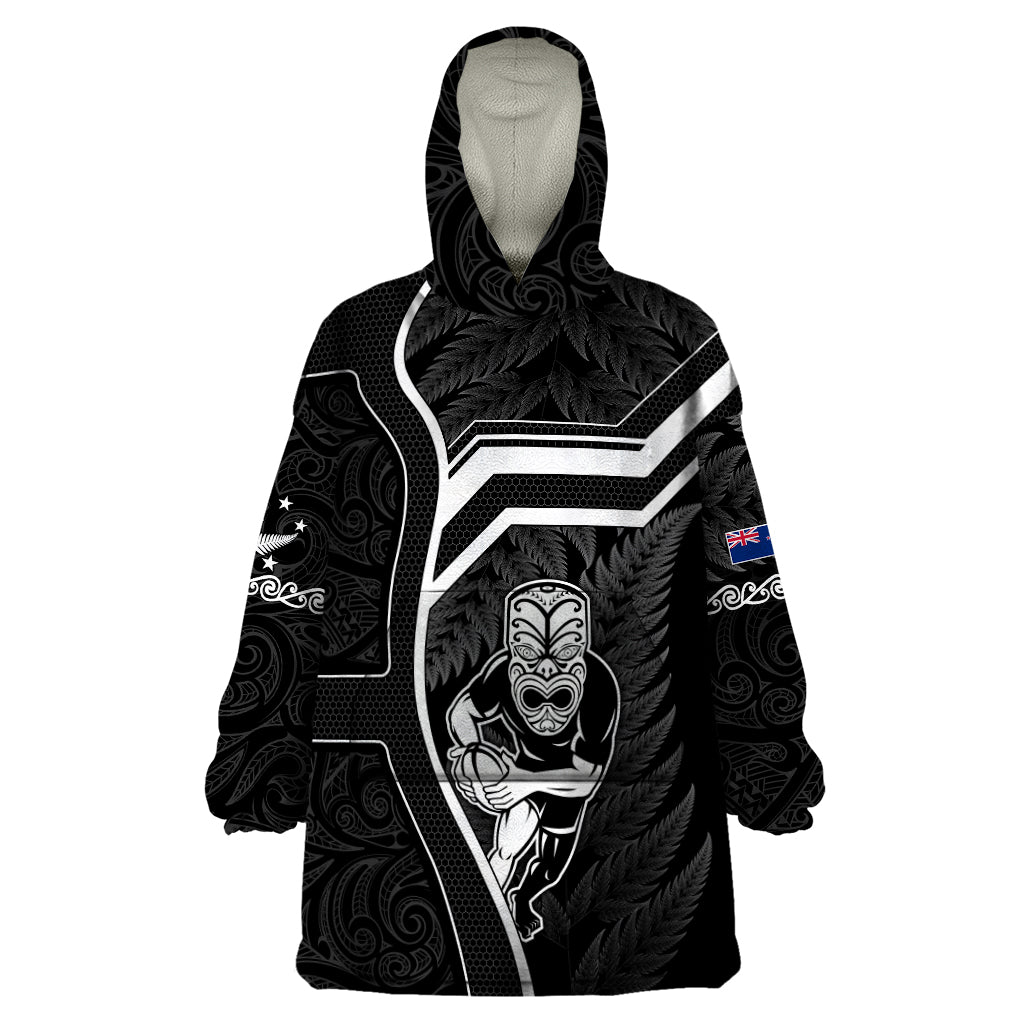 New Zealand Aotearoa Rugby Wearable Blanket Hoodie Black Fern Maori Tribal Sporty Style LT9 One Size Black - Polynesian Pride