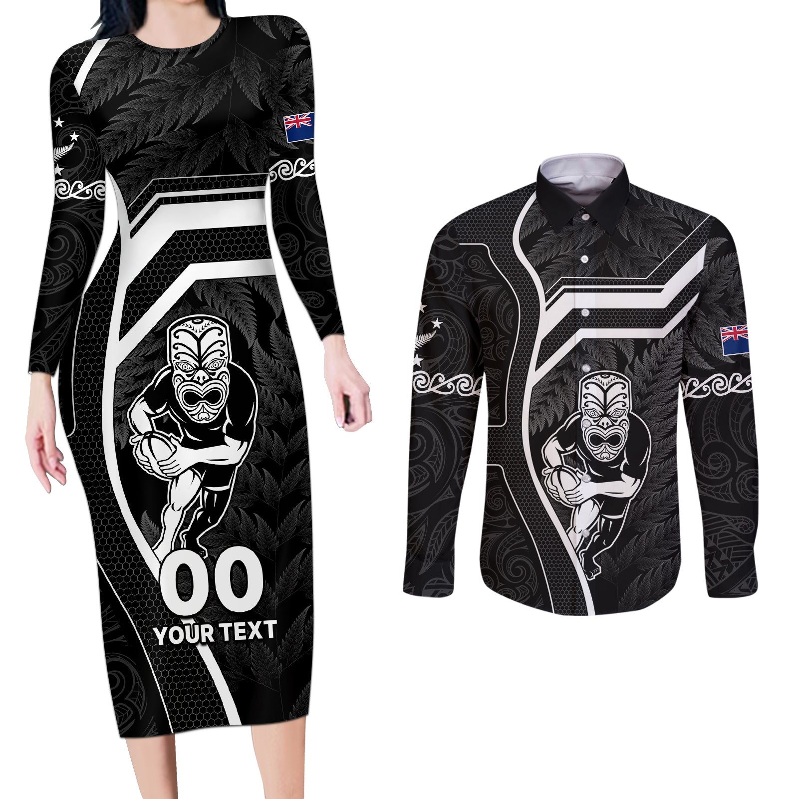 Custom New Zealand Aotearoa Rugby Couples Matching Long Sleeve Bodycon Dress and Long Sleeve Button Shirts Black Fern Maori Tribal Sporty Style LT9 Black - Polynesian Pride