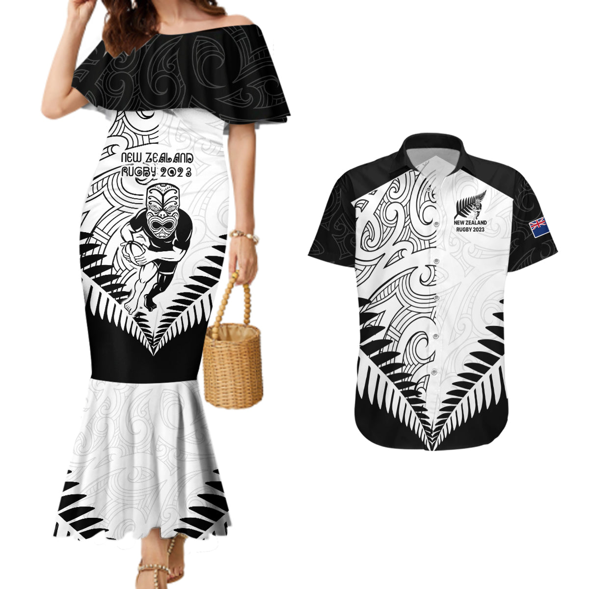 New Zealand Rugby Couples Matching Mermaid Dress and Hawaiian Shirt Proud Aoteroa Stylised Maori Koru LT9 Black - Polynesian Pride