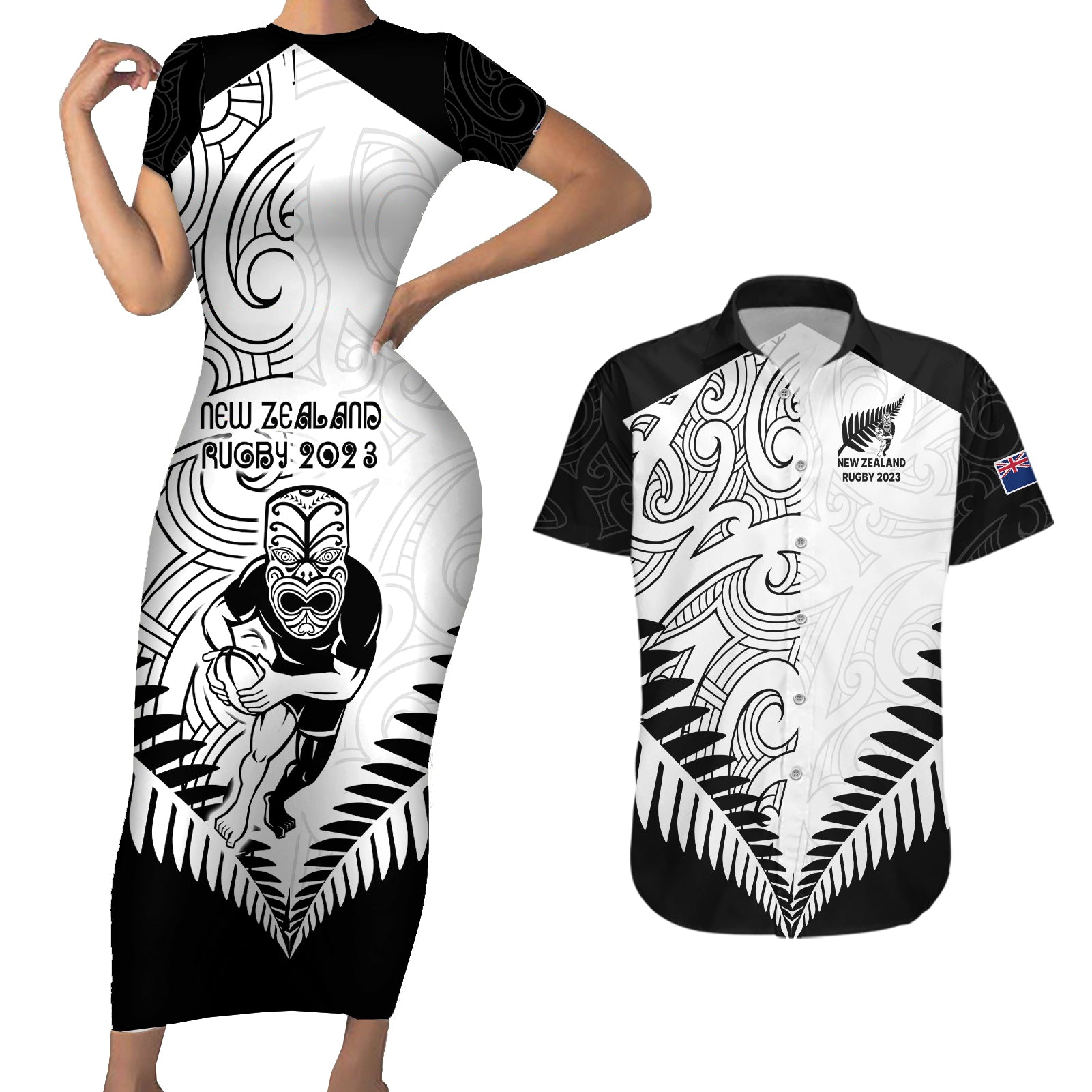 New Zealand Rugby Couples Matching Short Sleeve Bodycon Dress and Hawaiian Shirt Proud Aoteroa Stylised Maori Koru LT9 Black - Polynesian Pride