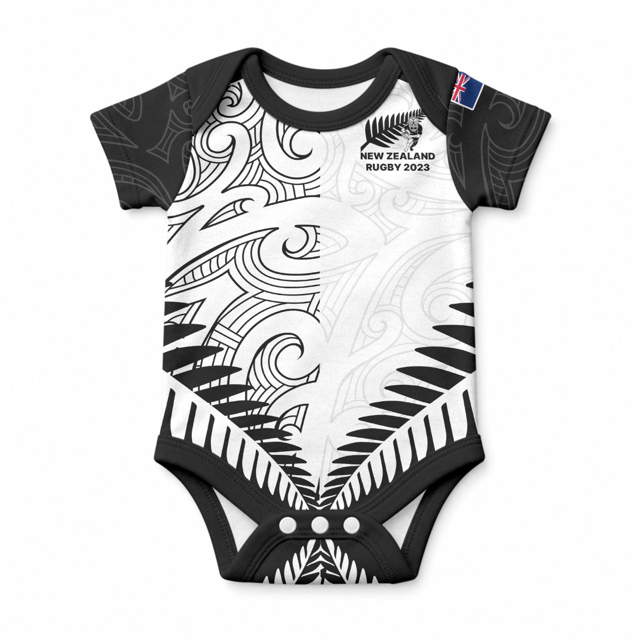 Custom New Zealand Maori Rugby Baby Onesie Proud Aoteroa Stylised Maori Koru LT9 Black - Polynesian Pride