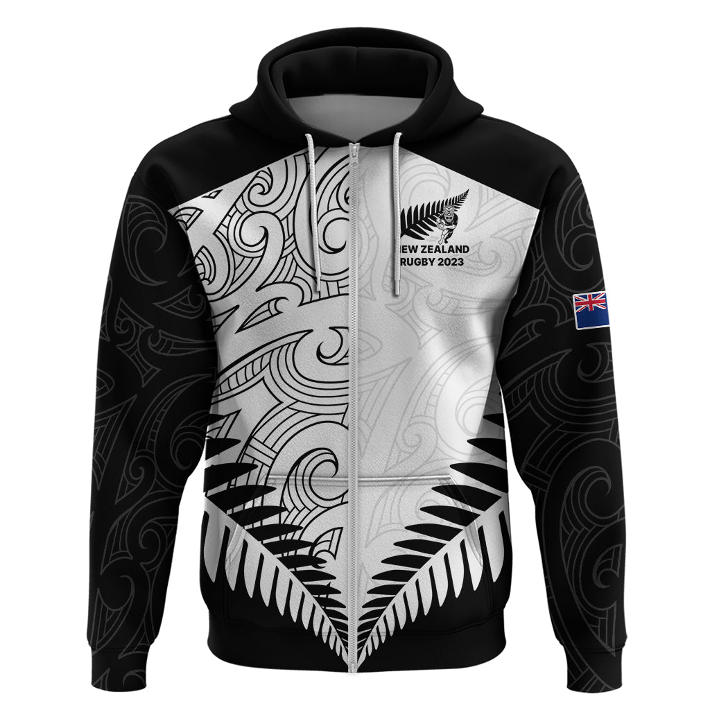Custom New Zealand Rugby Hoodie Proud Aoteroa Stylised Maori Koru LT9 Zip Hoodie Black - Polynesian Pride