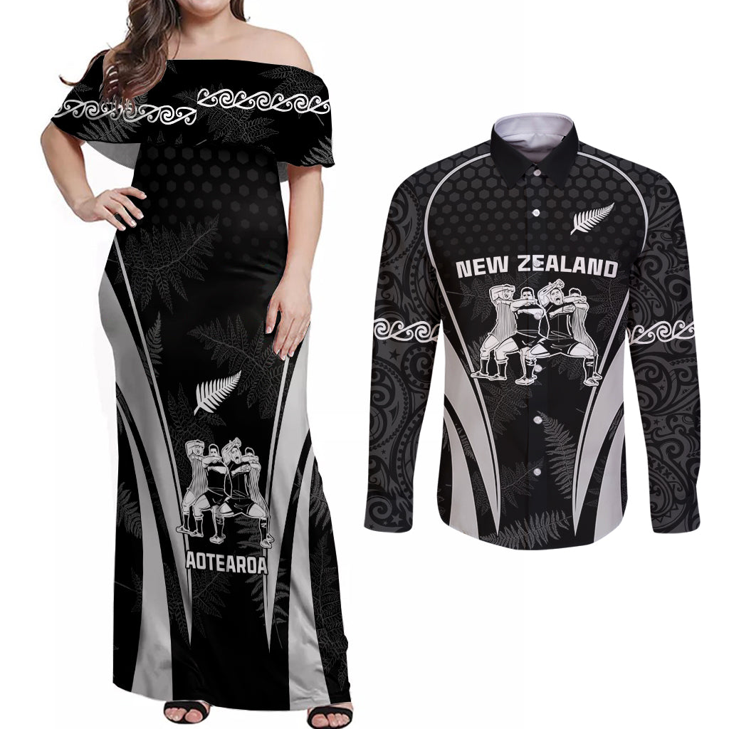 New Zealand Aotearoa Rugby Couples Matching Off Shoulder Maxi Dress and Long Sleeve Button Shirt Haka Dance Mixed Silver Fern Sporty Style LT9 Black - Polynesian Pride