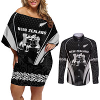 New Zealand Aotearoa Rugby Couples Matching Off Shoulder Short Dress and Long Sleeve Button Shirt Haka Dance Mixed Silver Fern Sporty Style LT9 Black - Polynesian Pride